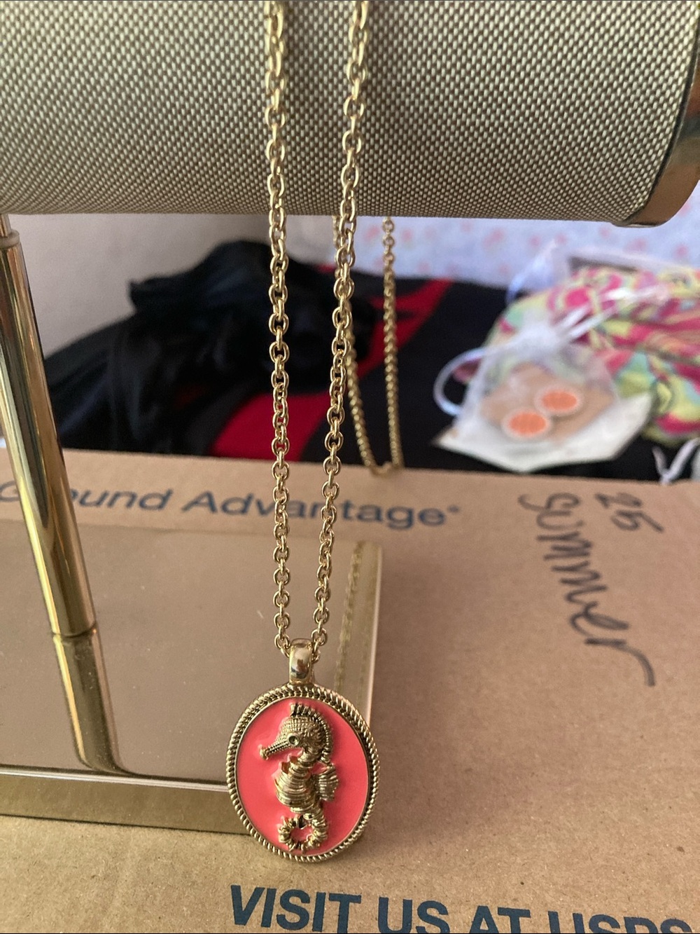 Plunder Gold Seahorse Pendant with Coral Enamel